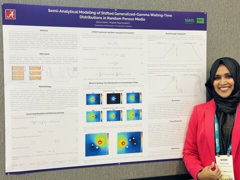 Shomi Aktar beside her poster on shifted generalized-gamma waiting-time distributions at the SIAM 2026 AWM poster session.